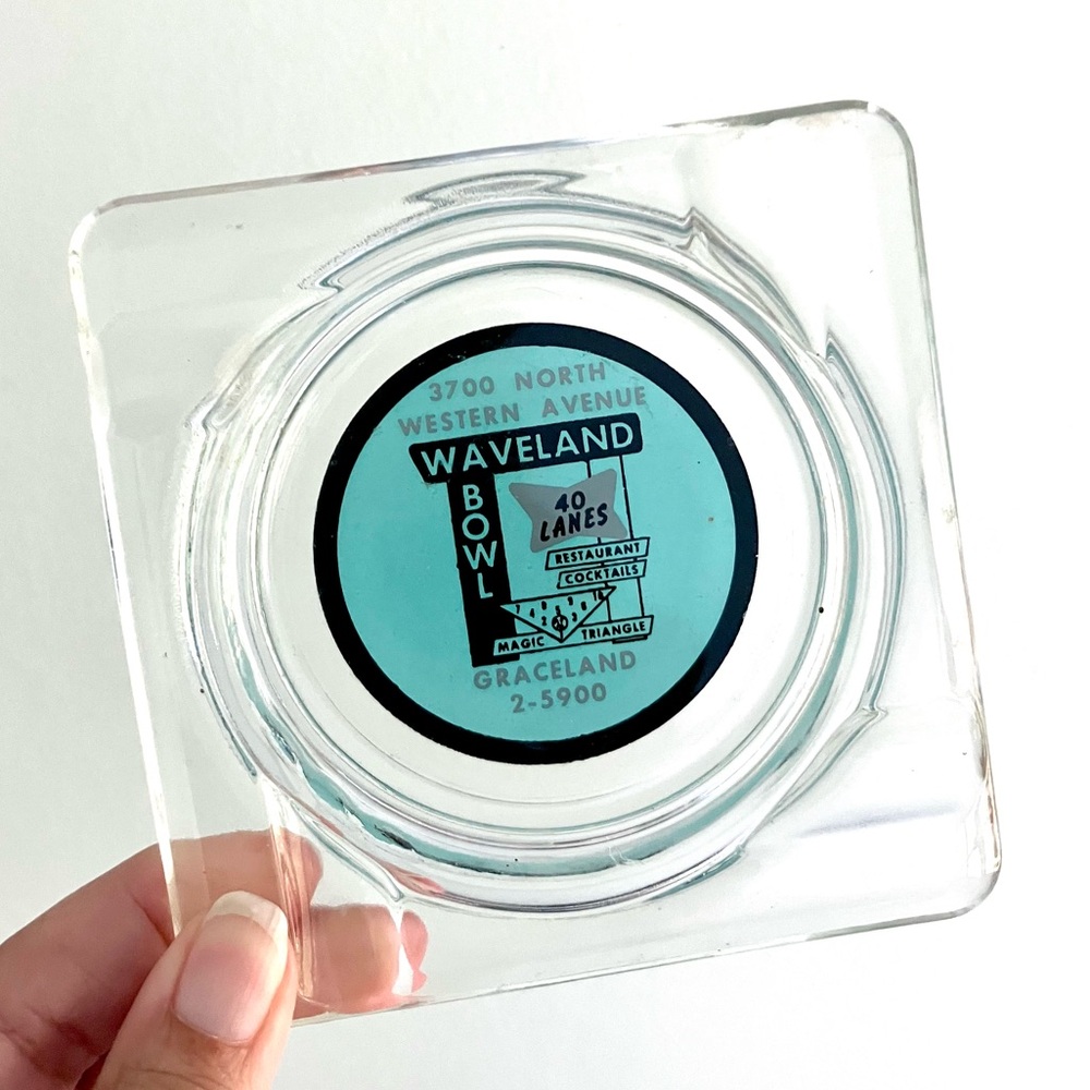 Vintage 50’s bowling alley Waveland Bowl Graceland glass ashtray dish souvenir
